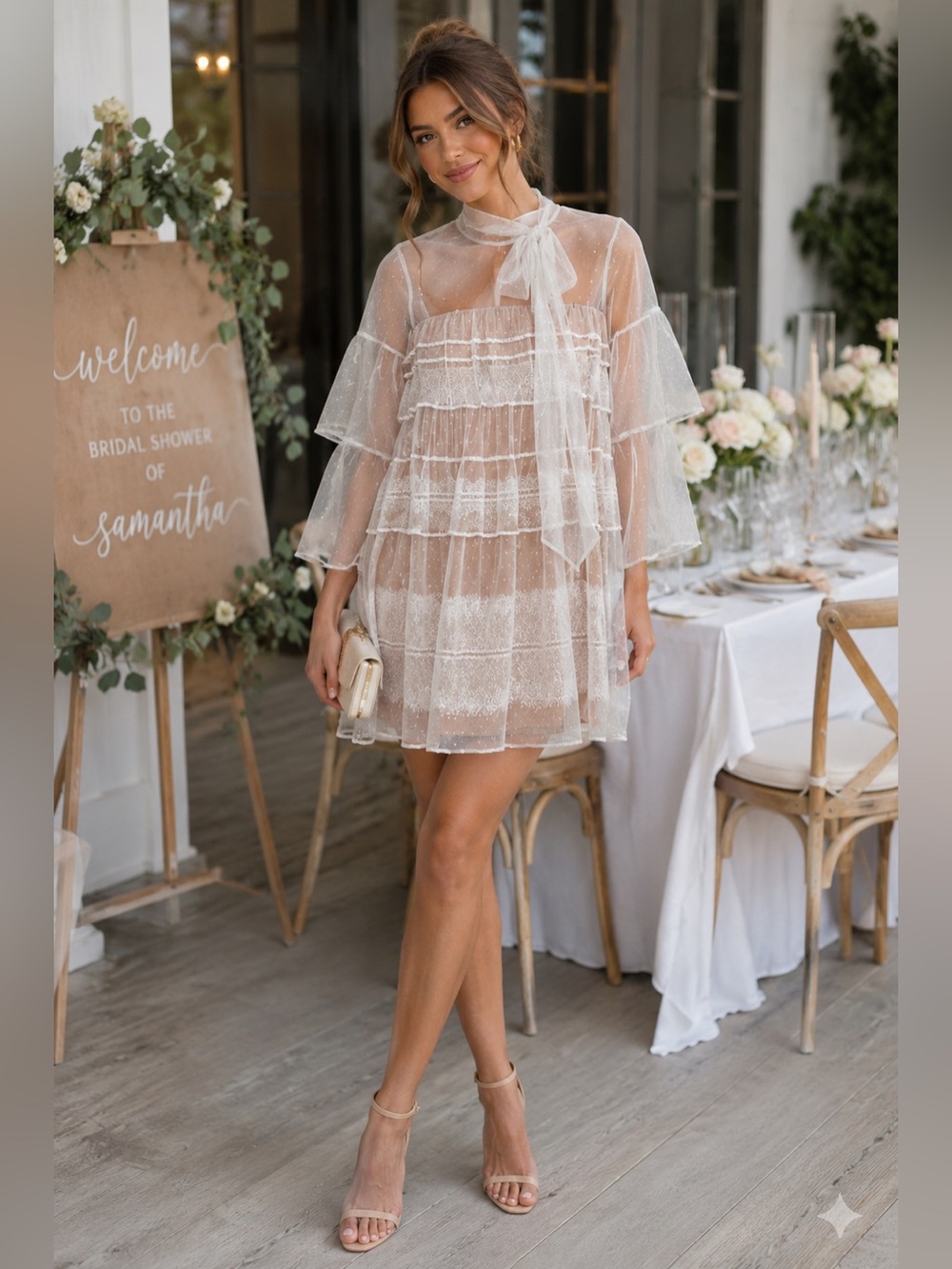 Gianni Bini Miranda Dress Cream Lace Mesh Swiss Dot Bow Tie Mini Dress NWT L